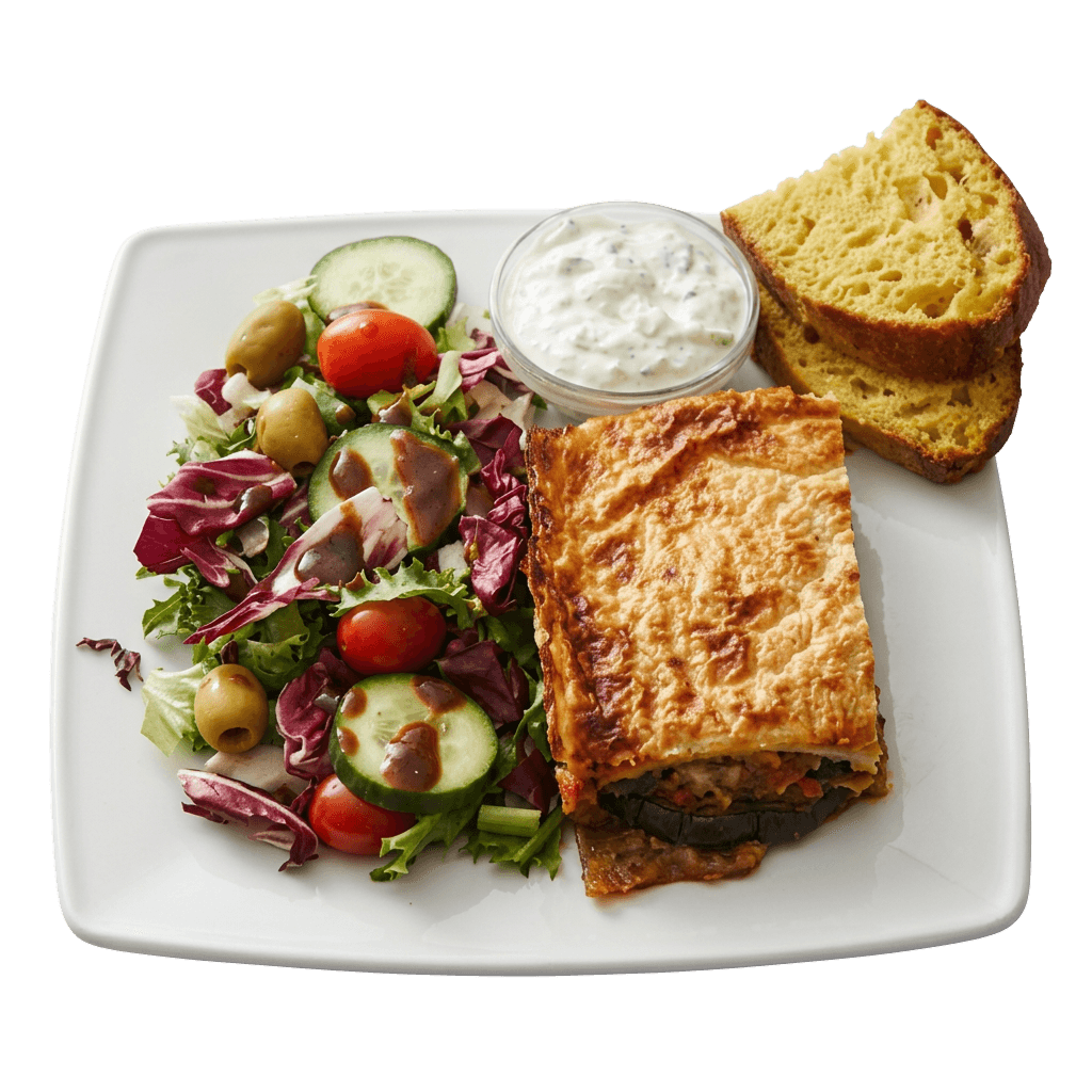 Moussaka (6 stykker) inkl. en bakke med blandede salater, 500 g hjemmelavet tzatziki og 6 individuelle brød
