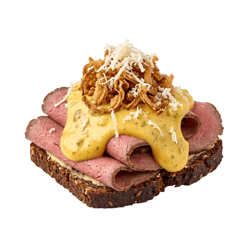 Roastbeef med remo, ristede løg og peberrod 